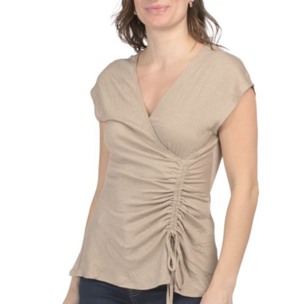 NWT Max Studio Tan Crinkle Jersey Side Ruched Sleeveless V-Neck Top